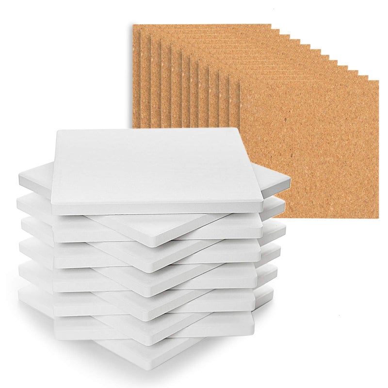 COYMOS Ceramic Tiles for Crafts Coasters - 12Pcs Blank Unglazed White Tiles for Painting, Alcohol Ink, Acrylic Pouring - Make Your Own Coaster - Cork Backing Pads Included (4x4 Inch) - Image 1